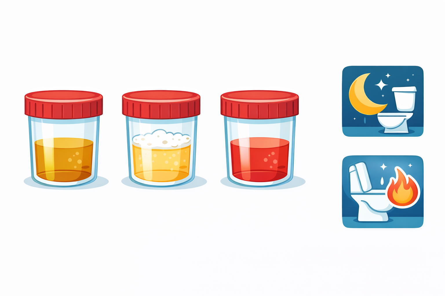 Illustratie van donkere of schuimende urine, bloed in urine en ’s nachts vaker plassen als urine-gerelateerde symptomen