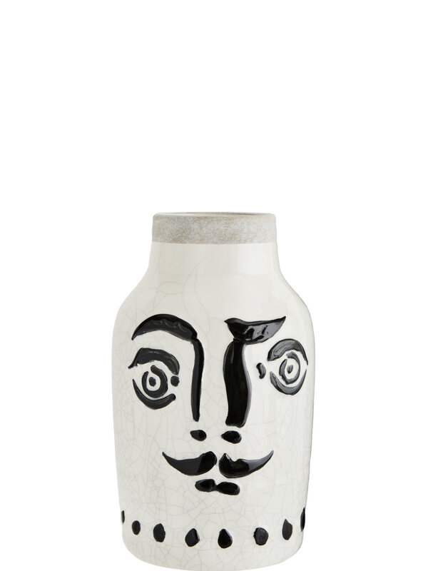 Madam Stoltz Terracotta Vase With Face 1. Cheerful face with mustache in black painted glaze on white ceramic, give it a ...