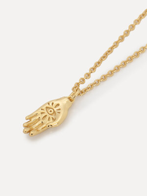 Necklace Roma Hand. This gold necklace has a touch of sparkle in an elegant hand pendant, with a stoic, spiritual eye tha...