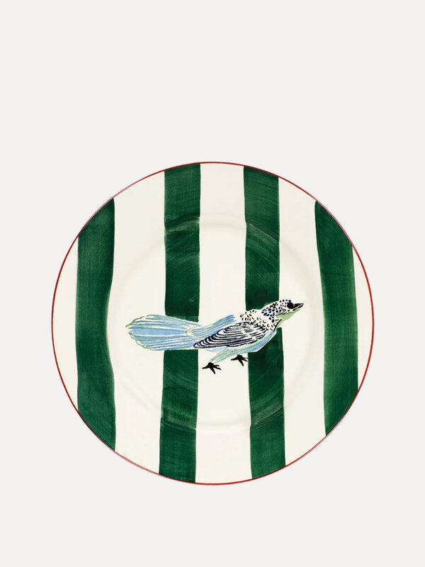 Anna + Nina Dinner Plate Lovebird 1. This ceramic dinner plate with green stripes and a hand-painted bird design is the p...