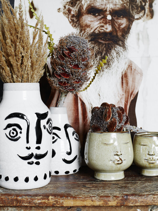 Madam Stoltz Flower pot with face imprint 4. This face-printed flower pot is one of our favorites. The printed face is a ...