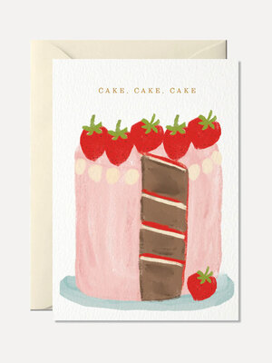 Carte de voeux Cake, cake, cake. Cette carte de voeux peinte à la main montre une délicieuse part de gâteau à la fraise a...