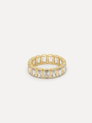 Ring Gioia Baguette. Ontdek deze schitterende ring met royaal ontwerp, heldere zirkonia perfect gevat in een vierkant gou...