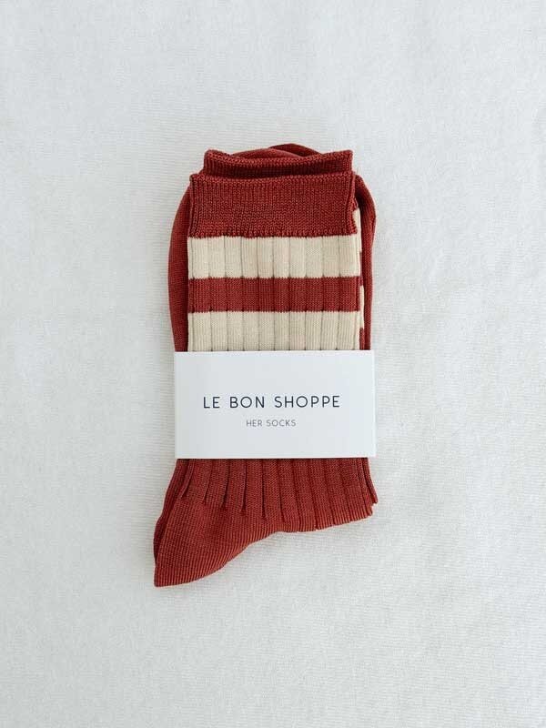 Le Bon Shoppe Socks Her Varsity 4. These socks are a striped version of the original Her socks that are classically ribbe...