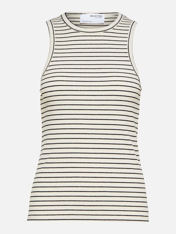 Selected Striped tank top Anna 1. Keep it simple with this ribbed tank top. It comes in a sleeveless design with a round ...