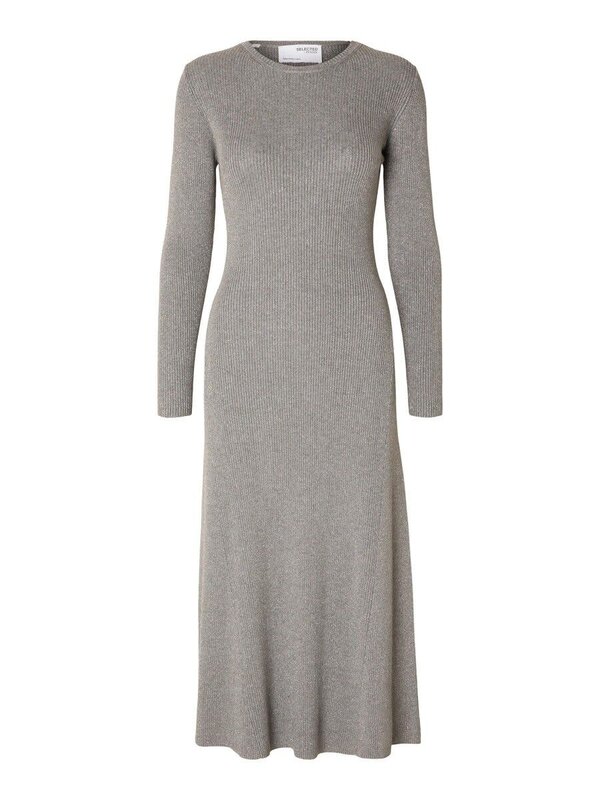 Selected Metallic knit midi dress Lura 10. Combining comfort and elegance, this metallic knitted midi dress is versatile....