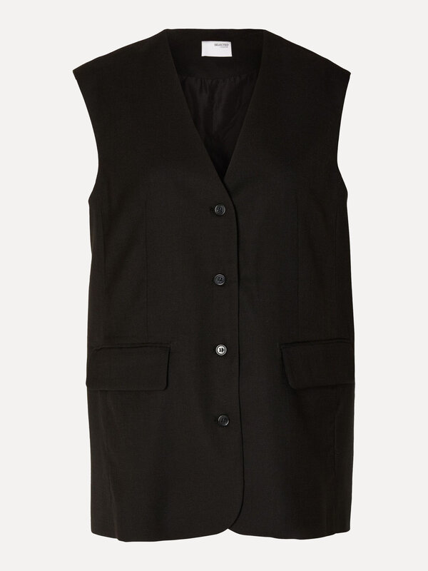 Selected Oversized vest Mika 2. Dit oversized gilet is een moderne variant op tijdloze tailoring. Het heeft de paspelzakk...