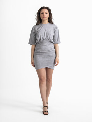 Dress Thivya. Wrap yourself in effortless elegance with this grey t-shirt dress. The dress features a fitted skirt that a...