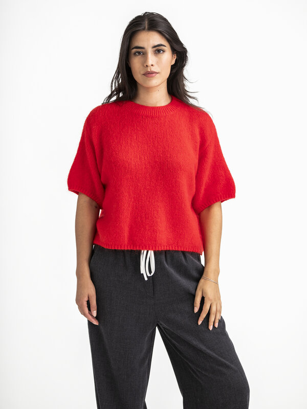 Le Marais Gebreide trui Dora 1. Wil je een trui die in één klap opvalt? Deze felrode knaller doet exact dat. De boxy fit ...