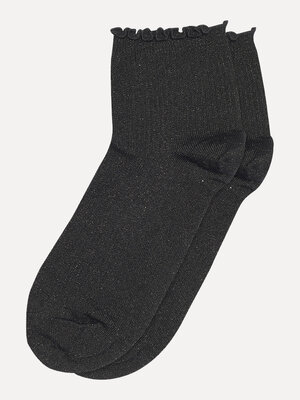Socks Lis. Frill seeker! These black glitter socks with wavy trim are a radiant addition to your wardrobe. Soft and stret...