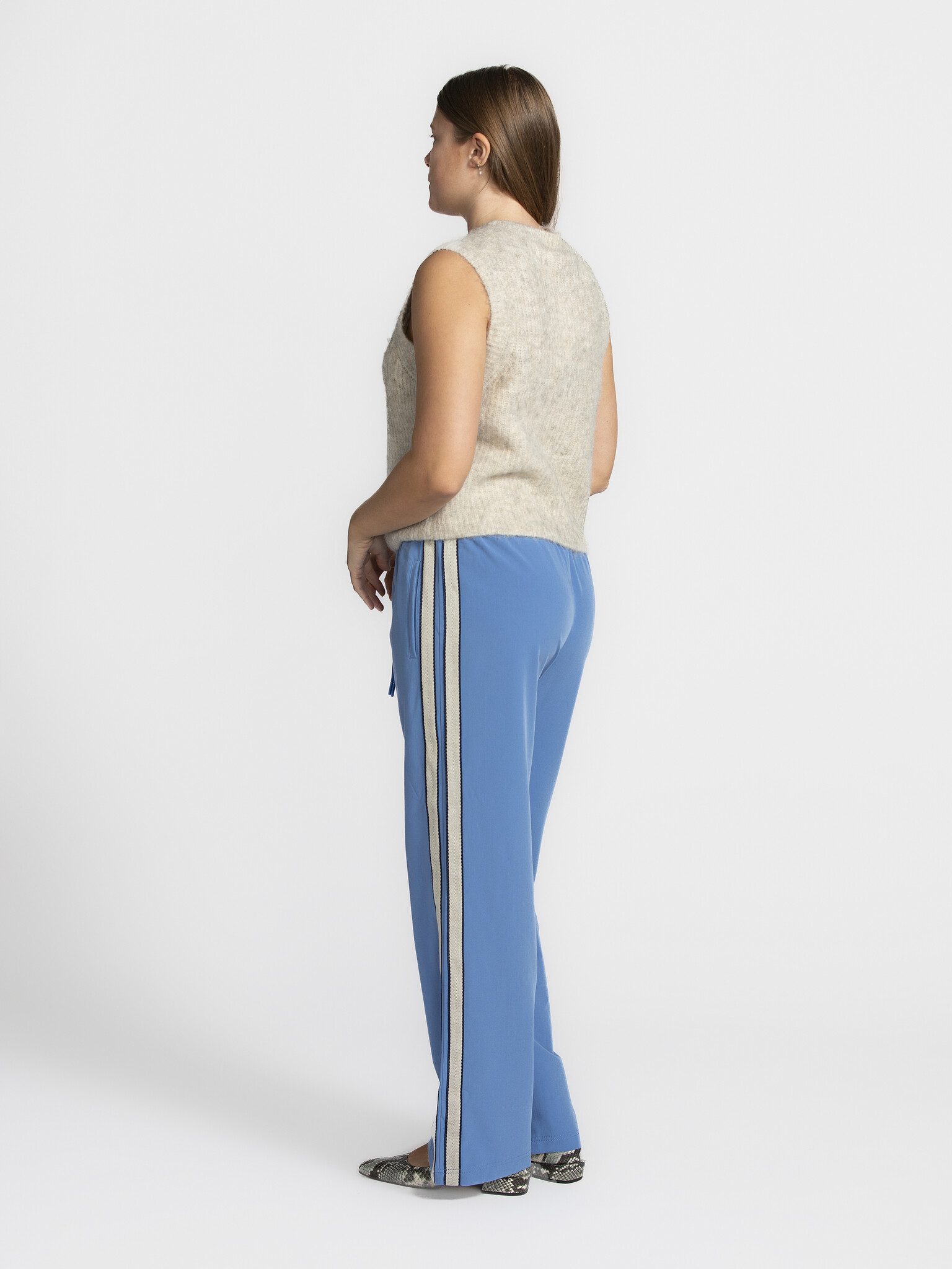 Gilet De Barmaid Beige à Pois Gris Bleu - Dos Satin Blanc, Taille 38/40, Neuf Avec étiquettes, Vintage