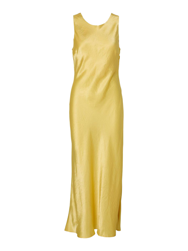 Selected Midi-jurk met watervalrug Selene 2. Minimalistisch vooraan, wow-factor achteraan - in deze gele avondjurk laat j...