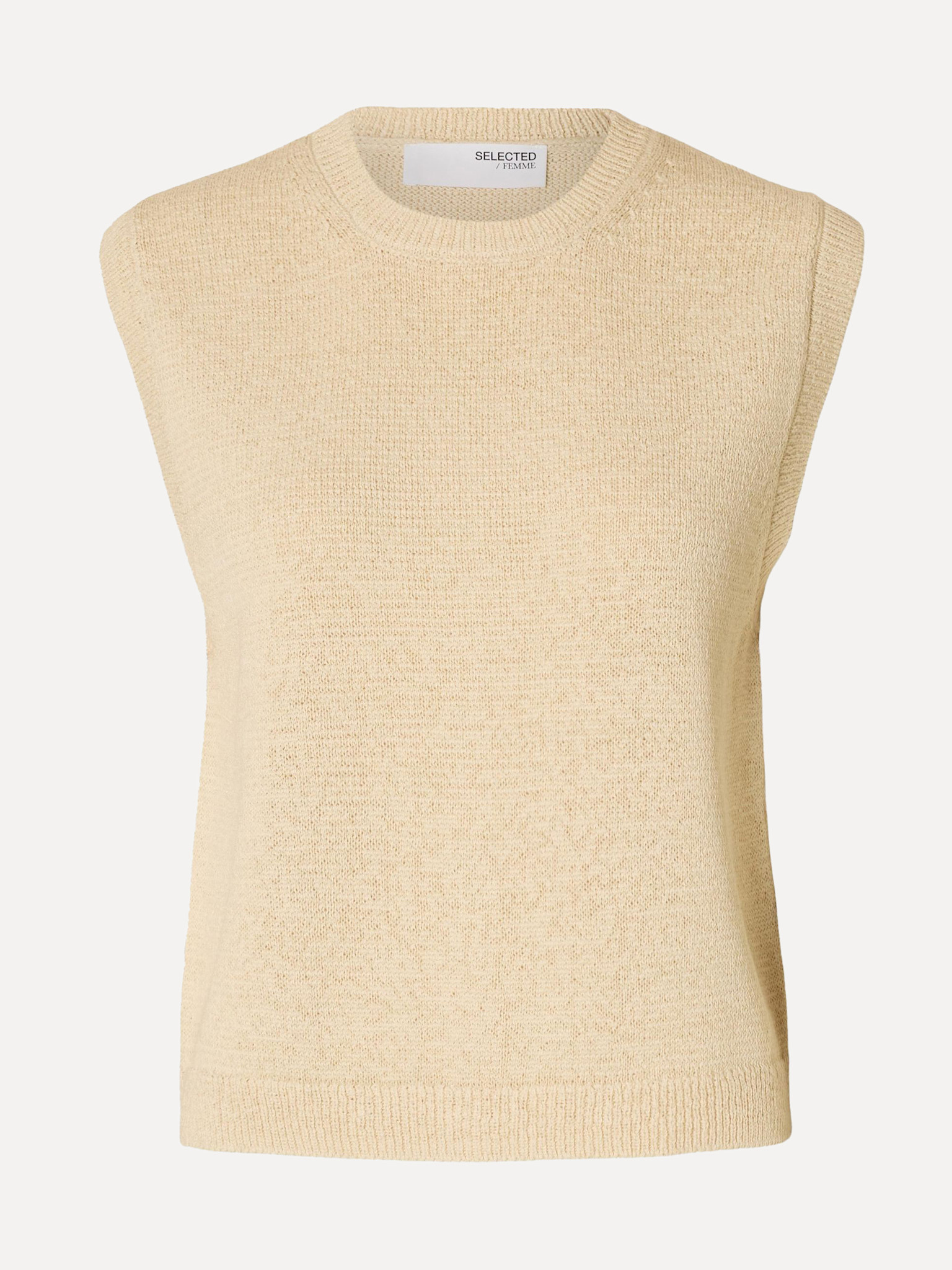 Selected Gilet tricoté Alma 1. Beige bliss - Ce gilet sans manches dans un ton beige chaud est un incontournable élégant....