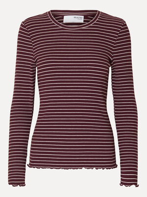 Longsleeve T-Shirt Anna. Burgundy beauty. Deze donkerrode, geribde longsleeve is een stijlvolle essential. De zachte stof...