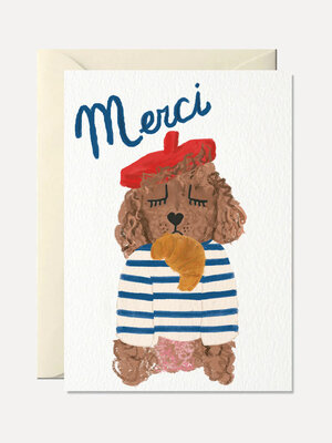 Wenskaart Merci Poodle. Zeg merci met flair. Deze stijlvolle wenskaart met poedel in streepjestrui, baret én croissant st...