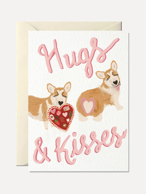 Wenskaart Hugs and kisses. Hugs, kisses and puppy love.  Deze lieve wenskaart met een bont gezelschap aan schattige vierv...