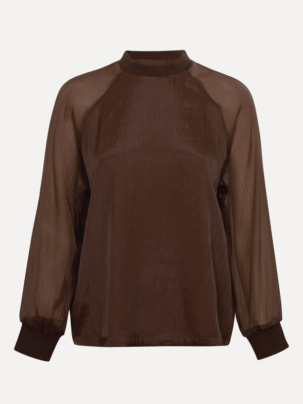 Les Soeurs Blouse en organza Maaike 2. Blouse en organza marron chaud avec manches longues transparentes. La brillance su...