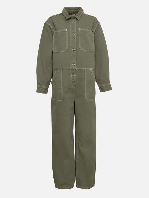 Les Soeurs Jumpsuit contrast stitch Mono 2. Deze khaki jumpsuit met contrasterende stiksels geeft je look een instant coo...