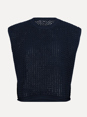 Gebreide top Mori. Navy never looked this good. Deze mouwloze top in grofgebreide tube yarn heeft een losse pasvorm en ri...