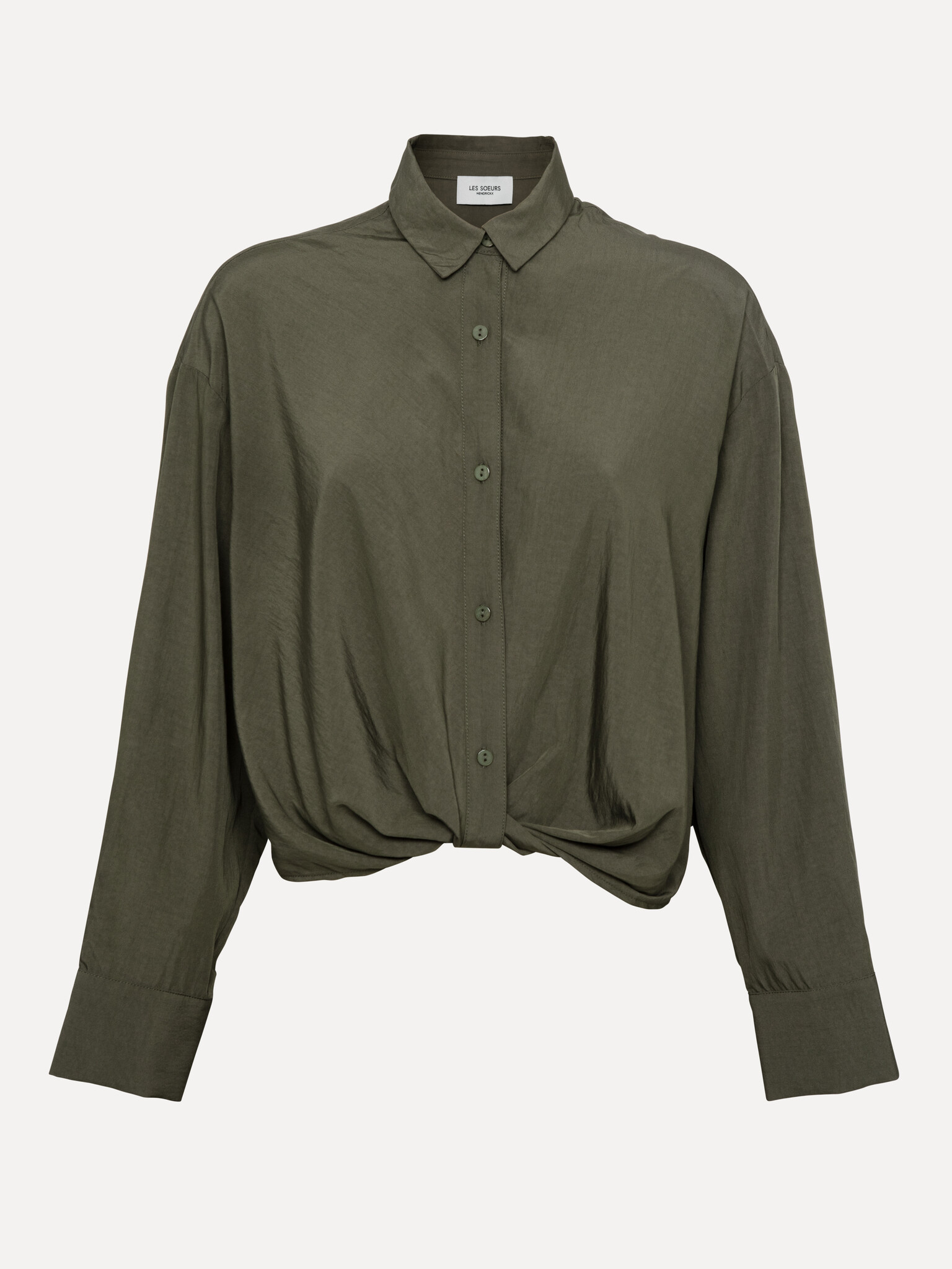 Les Soeurs Blouse Melea 2. Khaki button-up with a relaxed, feminine silhouette. This blouse exudes timeless simplicity, w...