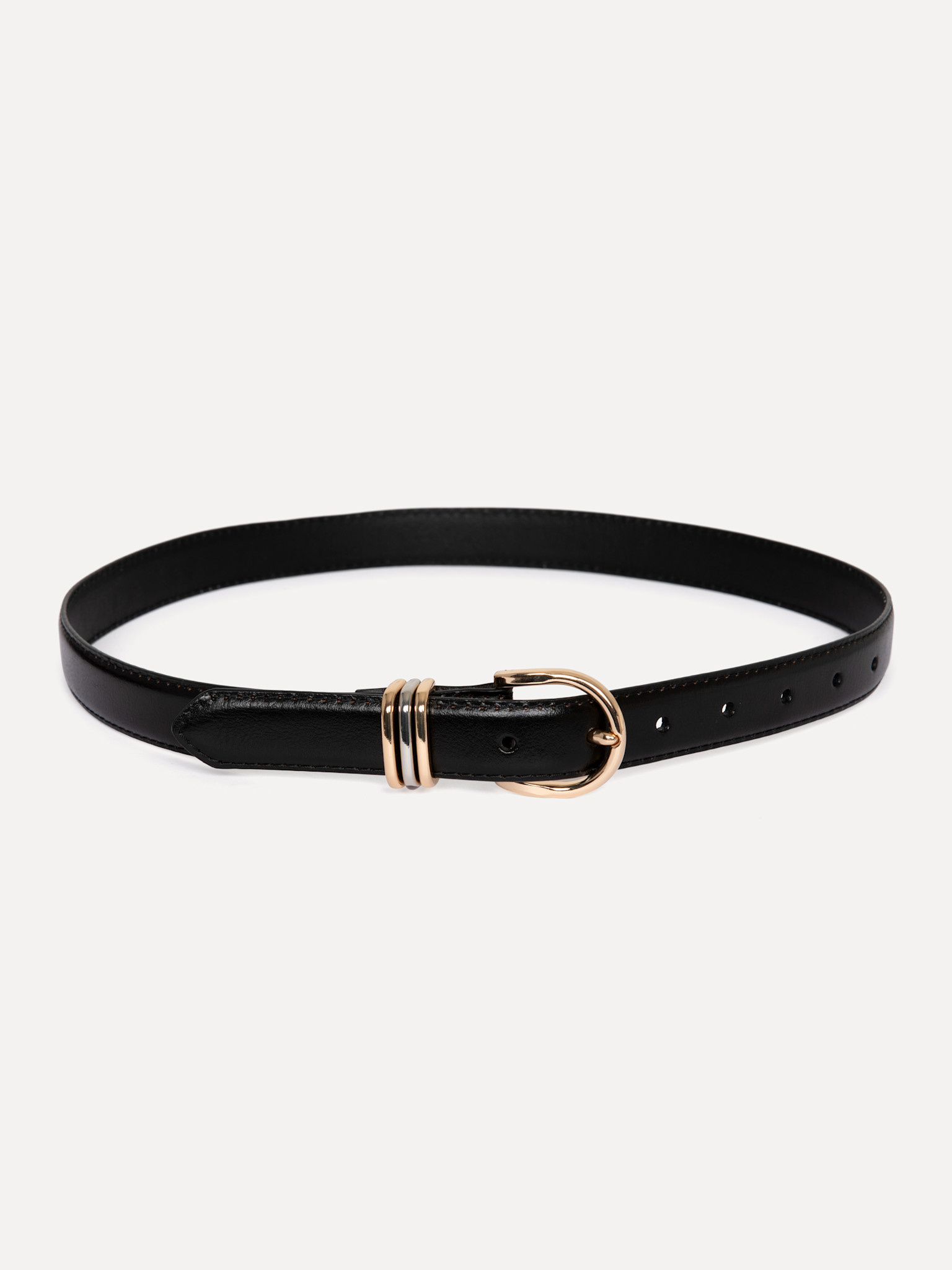 Les Soeurs Leren riem Aubrey 1. Everyday essential. Deze zwarte riem met drie lussen in goud en zilver tilt elke look naa...