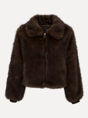 Manteau Dani. Fourrure douce, confort total. Ce court blouson en fausse fourrure marron foncé est d’un confort luxueux et...