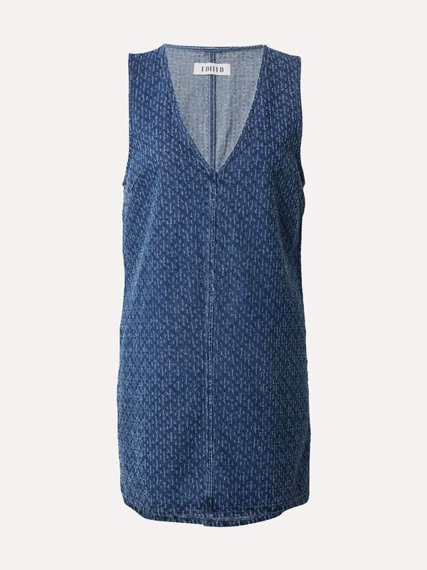 Edited Denim jurk Xristina 2. Denim dress with a hint of chic. Deze mouwloze denim jurk met subtiel tweedpatroon is pure ...