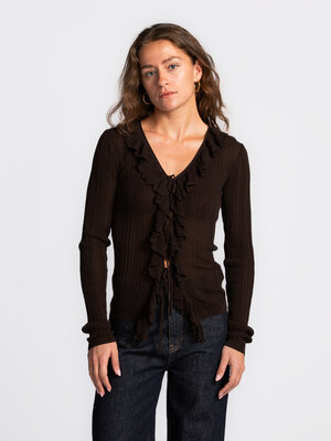 Longsleeve Frillsy. Deze transparante top met lange mouwen krijgt een vrouwelijke twist dankzij de speelse ruches en stri...