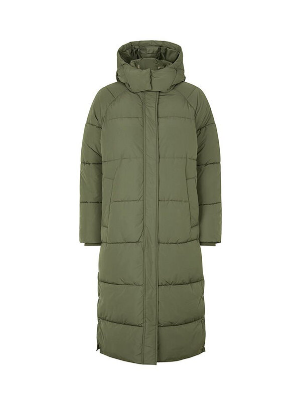 MBYM Long Coat Ela Slit 2. Always on the move? This khaki green quilted jacket with a long, warm cut and hood keeps you c...