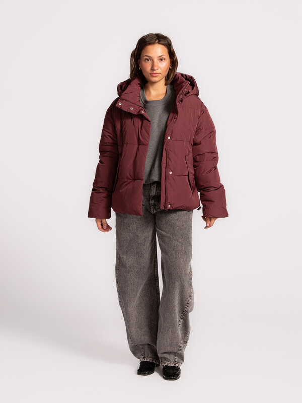 MBYM Pufferjas Mishal 3. Ready for autumn. Deze bordeaux korte pufferjas met afneembare capuchon, opstaande kraag en zijz...