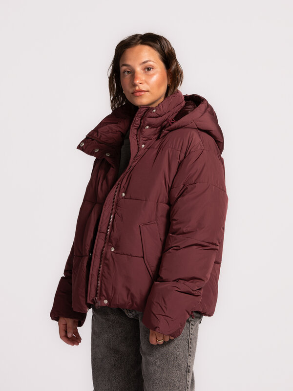 MBYM Pufferjas Mishal 4. Ready for autumn. Deze bordeaux korte pufferjas met afneembare capuchon, opstaande kraag en zijz...