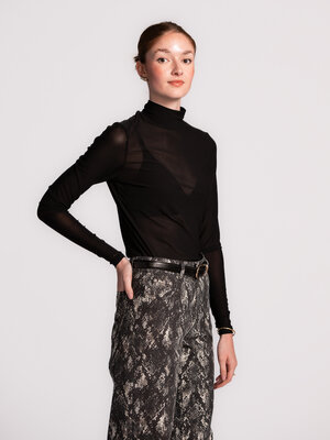 Longsleeve Marloes. Sheer mesh longsleeve with a delicate stand-up collar. Feminine with a bralette, cool under an oversi...