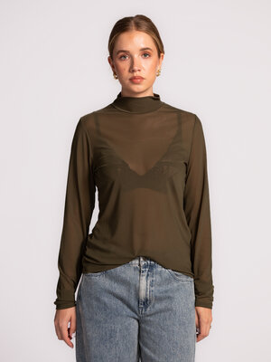 Longsleeve Marloes. Khaki cool - deze groene mesh, transparante top oogt ultra vrouwelijk dankzij de aansluitende pasvorm...