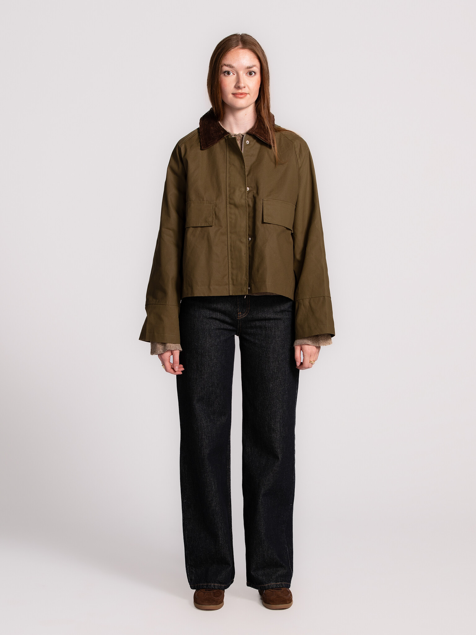 Les Soeurs Coated Jacket Marlissa 3. Fall favourite. This khaki barn jacket with brown corduroy collar adds a countryside...