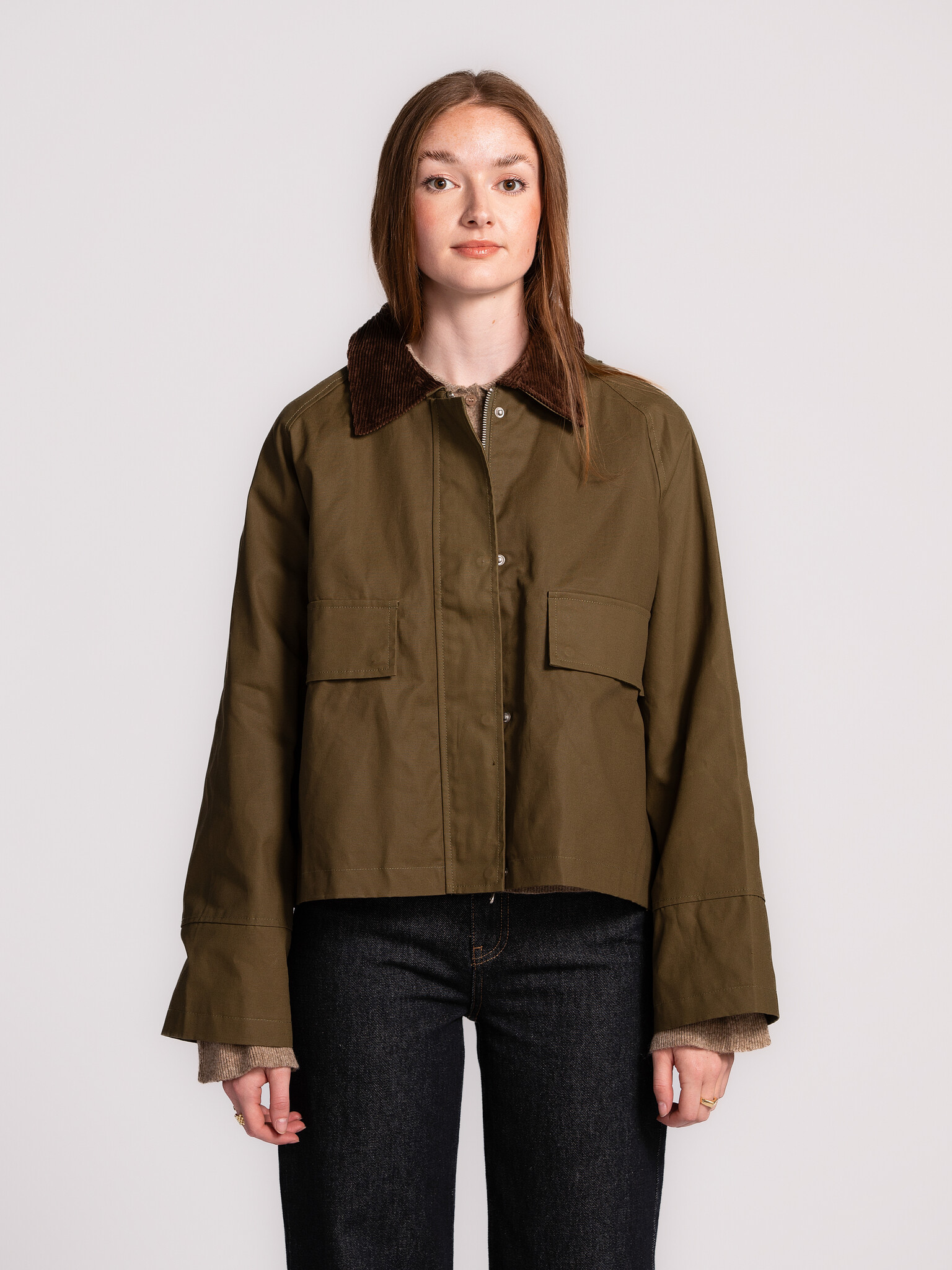 Les Soeurs Coated Jacket Marlissa 1. Fall favourite. This khaki barn jacket with brown corduroy collar adds a countryside...