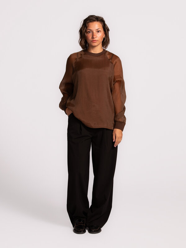 Les Soeurs Blouse en organza Maaike 3. Blouse en organza marron chaud avec manches longues transparentes. La brillance su...