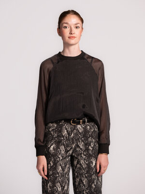 Blouse Maaike. Zwarte semi-transparante organza blouse met lange mouwen. De doorschijnende mouwen geven een elegante en v...