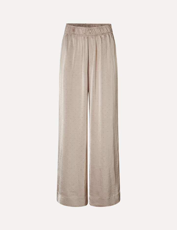 MBYM Wijde broek Asaka 2. Shine on. Deze wijde pantalon met strass-detail, zachte elastische tailleband en vloeiende pijp...