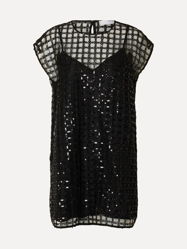 Selected Pailletten jurk Laren 1. Met deze little black dress ben je helemaal party proof. Het korte, losvallende model c...