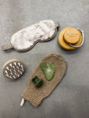 Self-care set. Indulge in this 6-piece self-care set. The silk sleep mask, silicone scalp massager, jade Gua Sha tools, s...