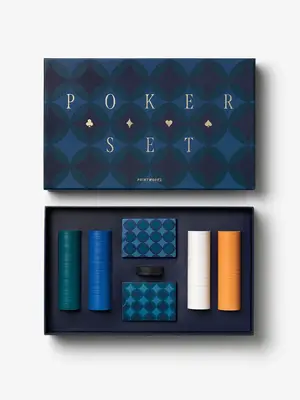 Bordspel Art of Poker. Poker Face. Deze donkerblauwe pokerset combineert stijl en spelplezier op elegante wijze. Het verf...