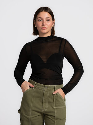 Longsleeve Leela. This black mesh longsleeve adds a refined edge to any outfit. The sheer fabric reveals subtle allure, p...
