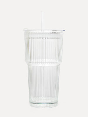 Glass cup. This glass drink cup with matching glass straw combines style and functionality. The ribbed glass keeps your s...