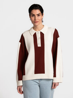 Pull Fred. A statement knit with a vintage feel. The graphic colour-block design and polo collar give this piece a bold l...