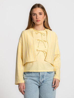 Cardigan. Soft sunshine. The pastel yellow hue and fine stripes give this piece a fresh, light feel. The tie closure adds...