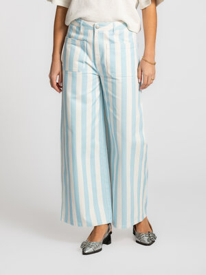 Denim Berta. Fresh and bold. The light blue stripes and straight cut create a fresh, relaxed look with subtle retro vibes...
