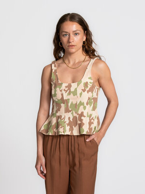 Top Camouflage. This top feels both edgy and refined. The camouflage print adds character, while the tailored shape and f...