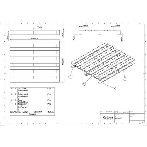 Eenmalige pallet 1200x1000x120mm - hout