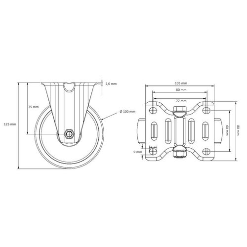 Bokwiel PP/TPR Ø 100 mm - met kogellager, 135 kg