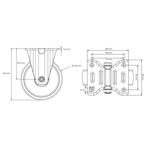 Bokwiel PP/TPR Ø 125 mm - met kogellager, 160 kg